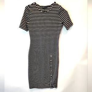 Popular Basics Black & White Striped Bodycon Dress Fitted Front Slit Size M